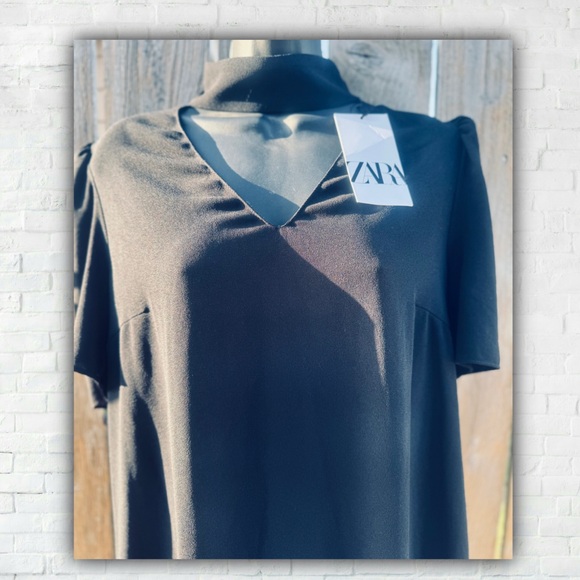 “New Zara Black Midi Dress with Tags - High Neck, Short Sleeves, Size L, Made in - Picture 6 of 15